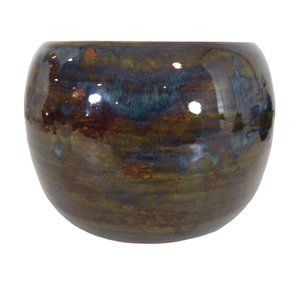 Hand Made Brown & Slate Blue Glaze 4" Clay Pottery Bowl Vase Artist Signed JB